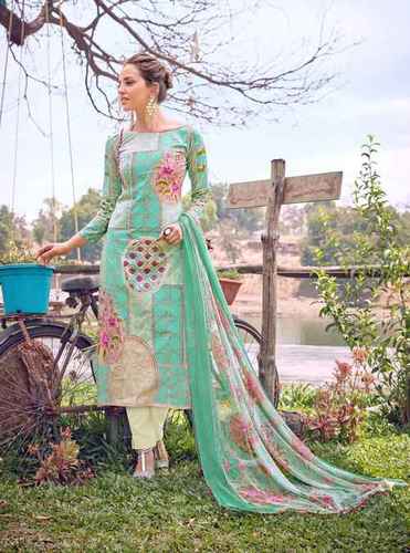 Designer Cotton Salwar Kameez - Unstitched Cotton Print with Semi Lawn Bottom and Naznin Dupatta with Lace | Customized Up to Size 42, Elegant Printed Work