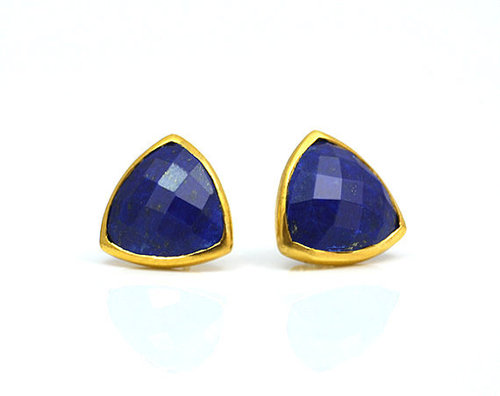 Lapis Lazuli Faceted Trillion Stud Earrings - 925 Sterling Silver Vermeil, Natural AAAGemstone Craftsmanship