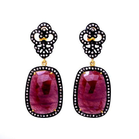 Diamond & Ruby Natural Gemstone Drop Earrings - 925 Sterling Silver, Faceted Cut, AA Quality for Anniversary, Engagement, or Party Gifts