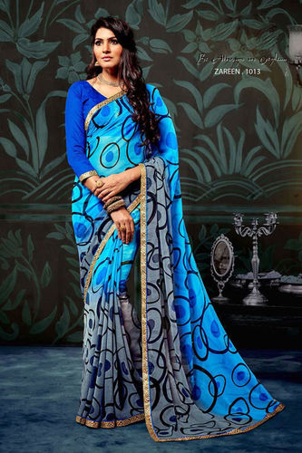 Lace Work Chiffon Sarees - Chiffon Fabric, Customized Size Up to 42" | Printed Pattern, Unstitched Blouse in Banglori Silk, Designer Lace Border Work