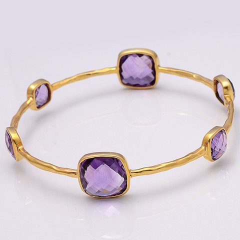 Amethyst Gemstone Bangles - Faceted Cushion Shape, 2 Micron 925 Sterling Silver Vermeil | Antique Style, Fashion Jewelry for Women, Perfect for Engagement and Weddings