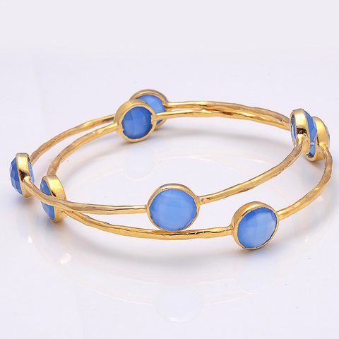 Blue Chalcedony Gemstone Bangles - 925 Sterling Silver Vermeil, 2 Micron, AAA Quality, Faceted Round Shape, Antique Style for Women, Perfect for Anniversary, Engagement, Party, and Wedding