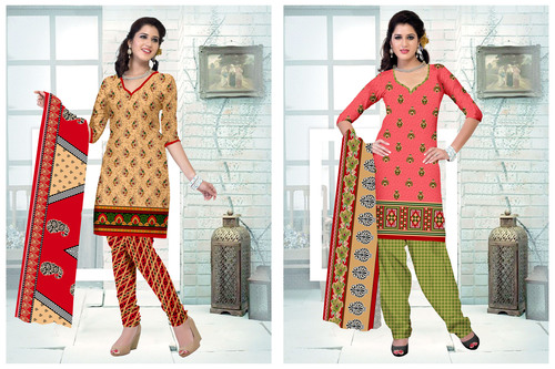 Multi Color Salwar Kameez - Pure Cotton, Regular Size, Yellow Printed Pattern - Short Sleeves, Ethnic Look Complete with Matching Bangles