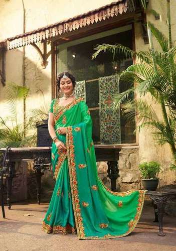 Shilp Sarees - Satin & Bamber, 5.5mtr Length | Multicolour Hand Work Embroidery, Bollywood Style Heavy Designer Wedding Outfit