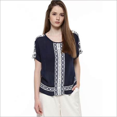 Western Dress - Rayon, S-XL, Navy | Stylish Design, Comfortable Fit, Elegant Look, Versatile Style, Round Neckline, Short Sleeve, Hip Length