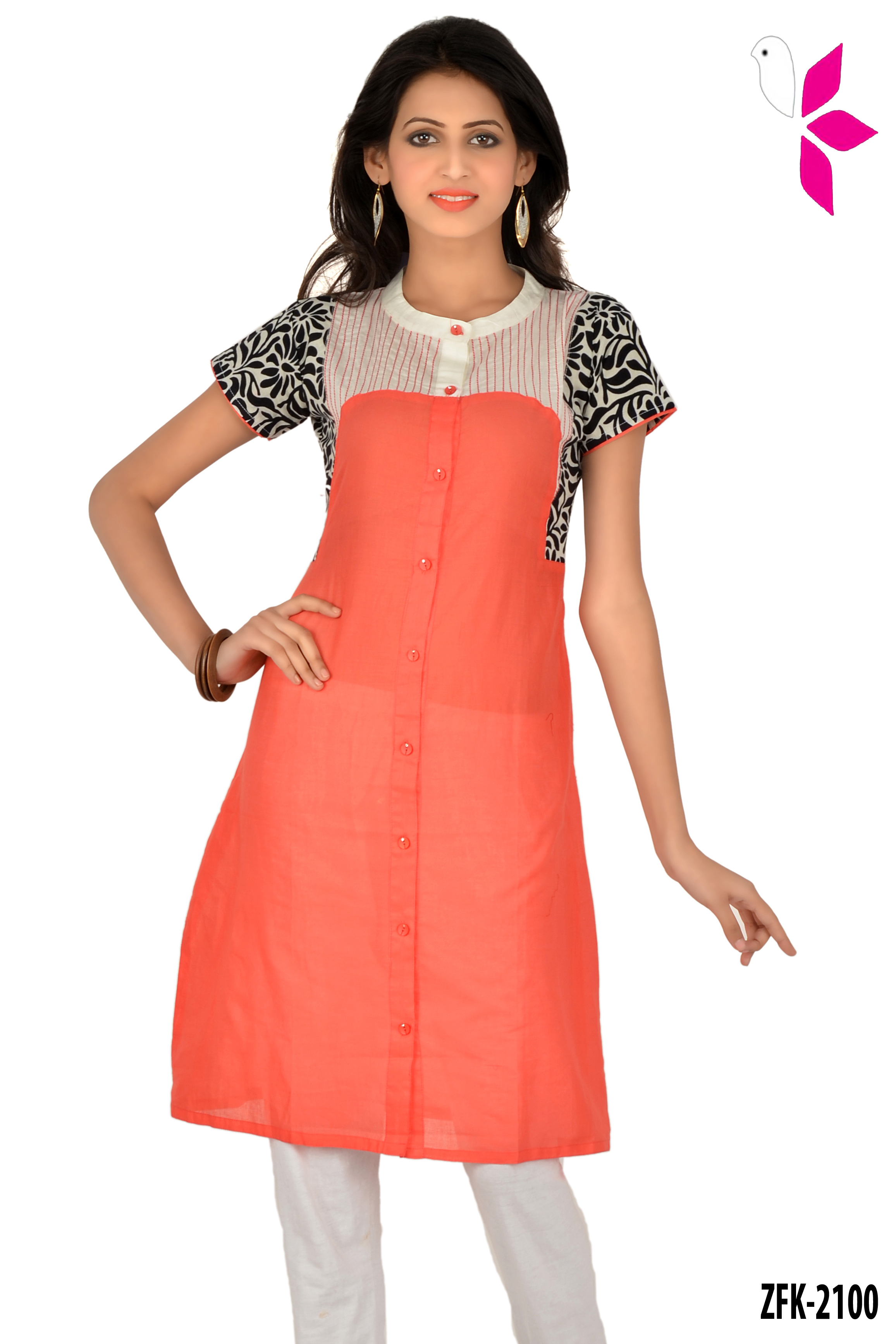 Cotton Kurti - Knee Length Blue, Mandarin Neck, Long Sleeves | Soft Fabric, Elegant Design, Comfortable Fit