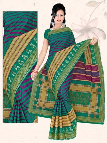 प्रिंटेड डार्क ग्रीन प्योर कॉटन साड़ी