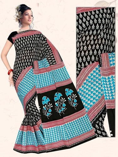 मल्टीकलर ब्लैक एंड स्काई ब्लू कॉटन साड़ी