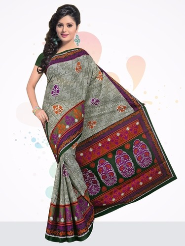 जेतपुर में ग्रे कॉटन प्रिंटेड साड़ी