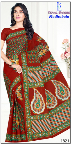 Madhubala Cotton Printed Saree - Cotton, Red | Elegant Design, Alluring Prints, Does Not Fade After Many Washes