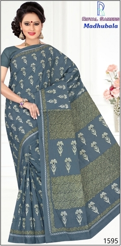 ग्रे मधुबाला ग्रीन कॉटन साड़ी