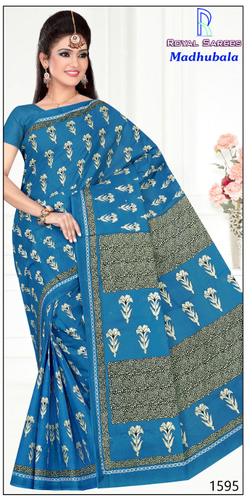 स्काई ब्लू कॉटन प्रिंटेड साड़ी मधुबाला