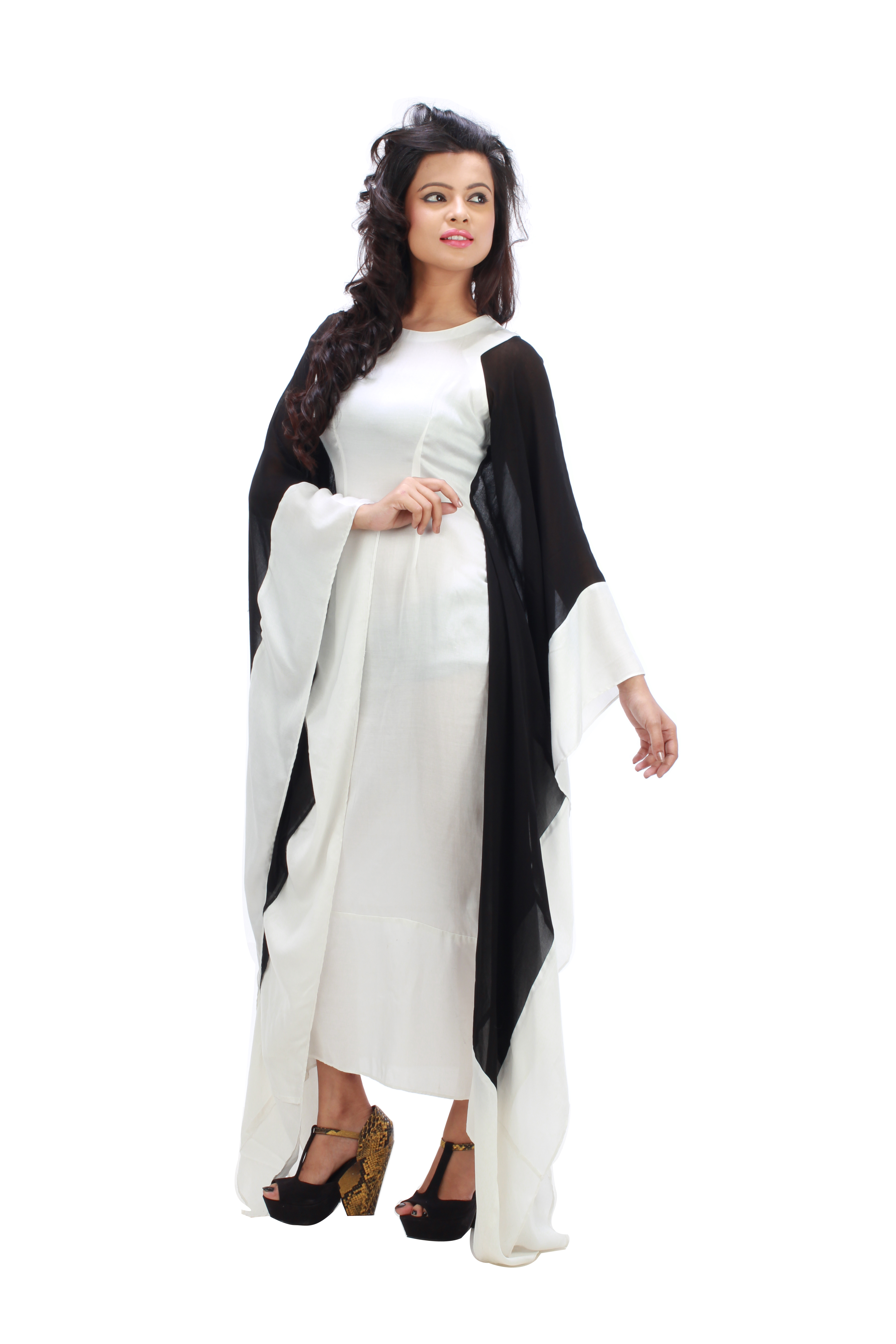 Kaftan - Modal Satin And Viscose Blend, Black And White Color | Bejeweled Neckline, Concealed Zip, Elegant And Versatile Design