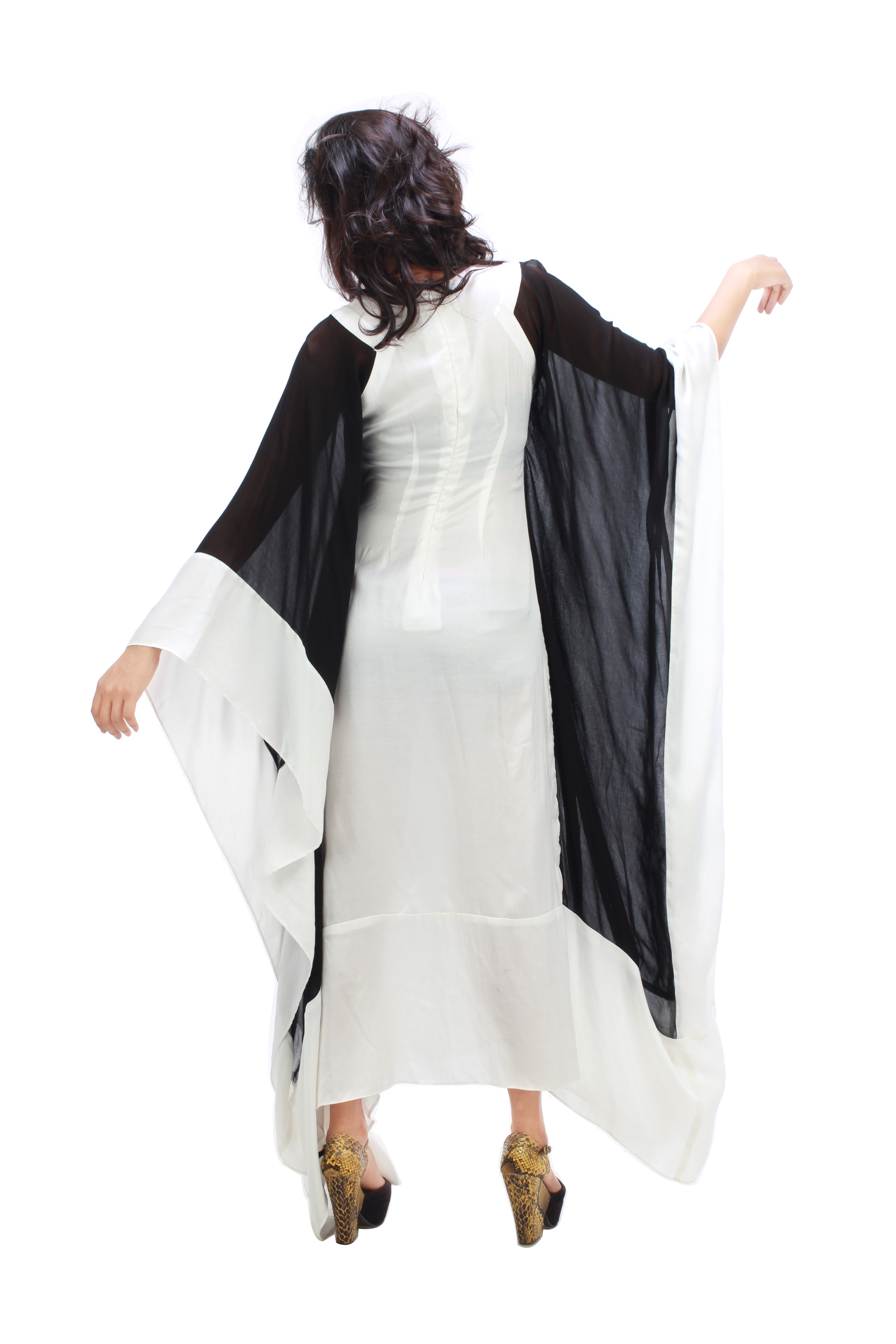 Kaftan - Modal Satin And Viscose Blend, Black And White Color | Bejeweled Neckline, Concealed Zip, Elegant And Versatile Design