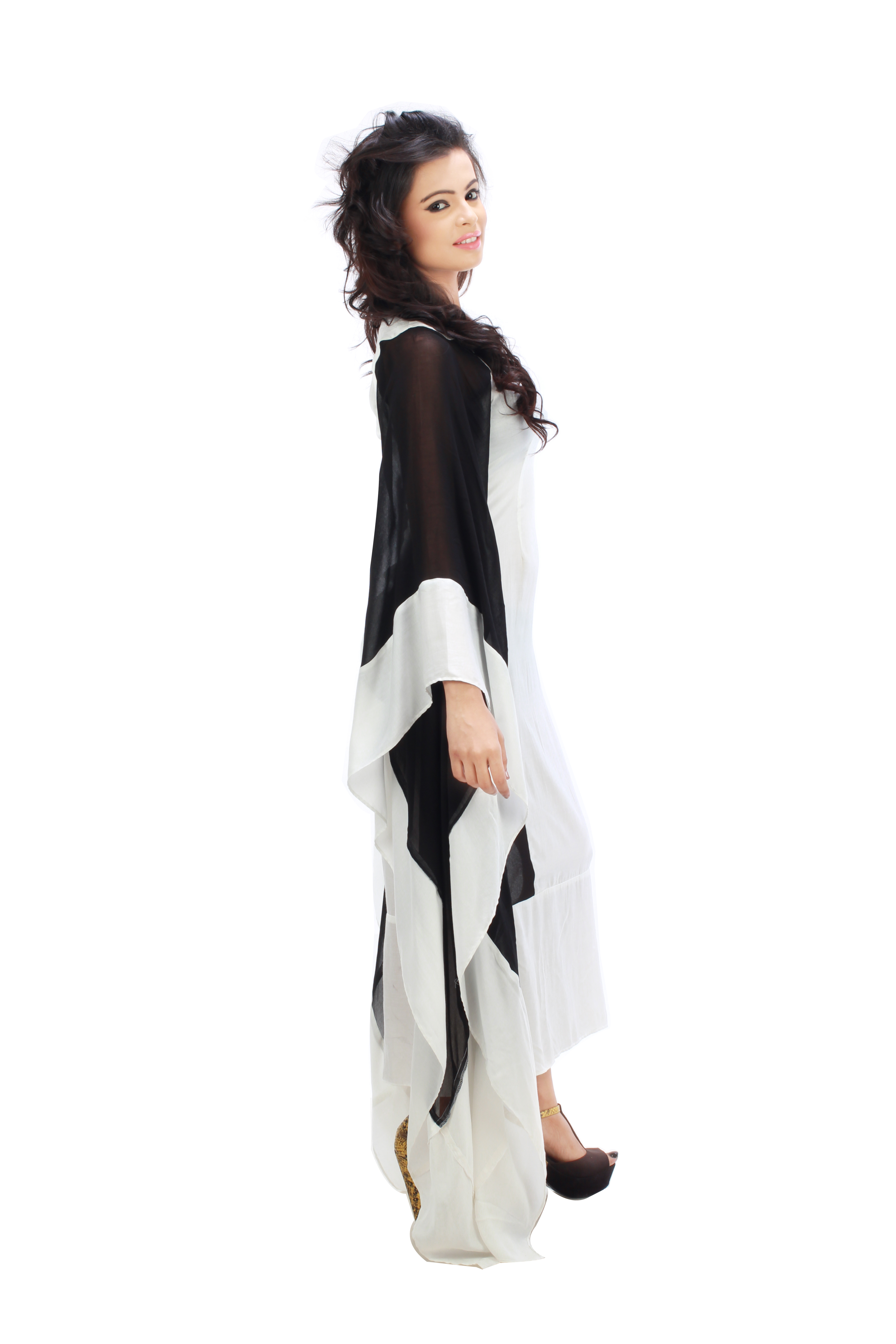 Kaftan - Modal Satin And Viscose Blend, Black And White Color | Bejeweled Neckline, Concealed Zip, Elegant And Versatile Design