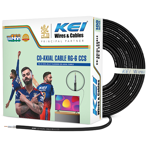 KEI कोएक्सियल केबल RG6 CCS तांबा, पॉलीथीन फोम इंसुलेटेड लेमिनेटेड एल्यूमिनियम टेप और एल्यूमिनियम वायर ब्रेड के साथ, जेली भरे हुए, PVC ओवरशेथेड, HD टीवी सैटेलाइट ब्रॉडबैंड के लिए उपयुक्त (काला 100 मीटर)