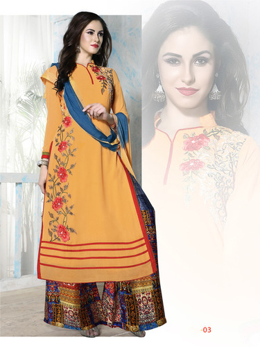 Designer Party Wear Palazzo Suit - Georgette Top, Santoon Bottom, Customized Up to 42", Yellow | Features Digital Print, Short Sleeves, All Season Wear, Dry Clean & Washable
