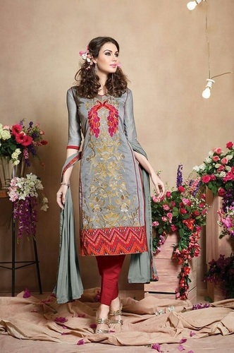 Grey Stylish Pure Chanderi Suit