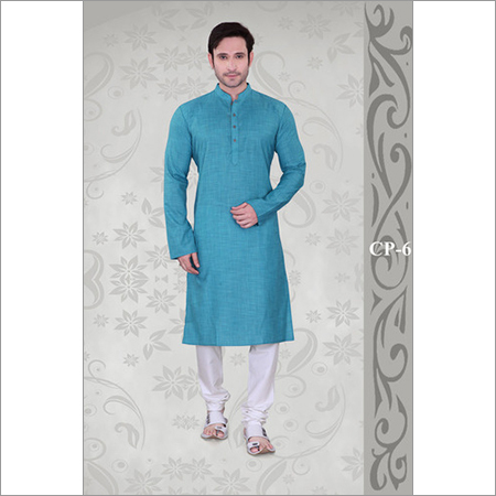 Designer Gents Kurta Payjamas - Cotton Blend, Customized Sizes, Teal Blue with Off White Churidar | Long Sleeves, Embroidered Closure, Washable and Dry Cleanable