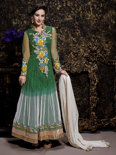 ग्रीन नेट कढ़ाई डिजाइनर सलवार सूट खरीदें
