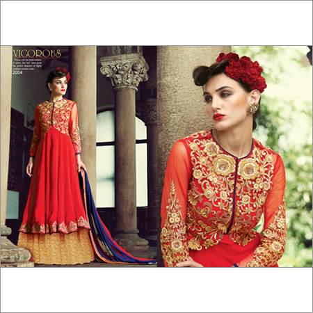 Stylish Red Georgette And Net Embroidery Designer Salwar Suit