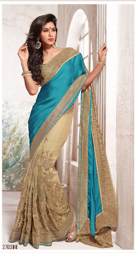 Precipitant Teal Georgette On Net Saree
