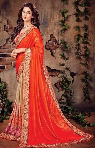 Embroidered Orange Lovely Georgette Festive Wear Saree
