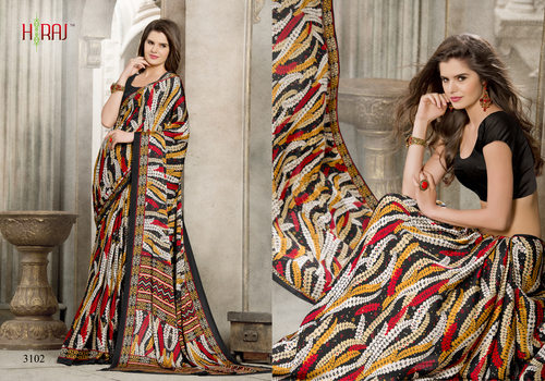 सार्टिन जॉर्जेट प्रिंटेड साड़ी एलियंजा सिल्क