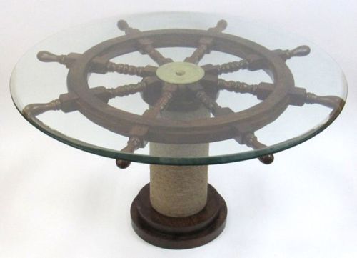 Ship Wheel Table With Glass & Rope Base