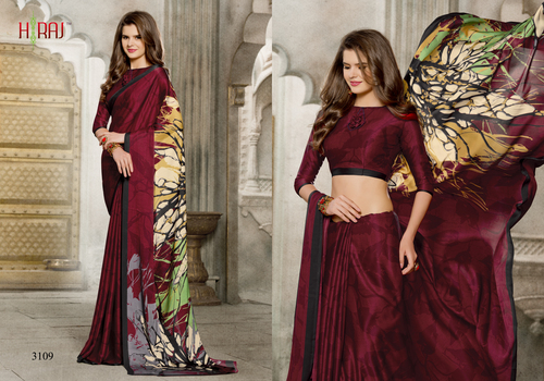 सर्टिन जॉर्जेट प्रिंटेड साड़ी एलान्जिया सिल्क