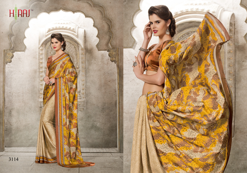 सार्टिन जॉर्जेट प्रिंटेड साड़ी एलेनज़िया सिल्क