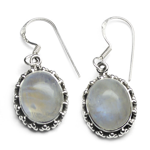 Oval Rainbow Moonstone Gemstone Silver Earring