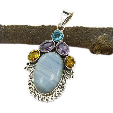 Oval Larimar Multi Gemstone Silver Pendant at Best Price in