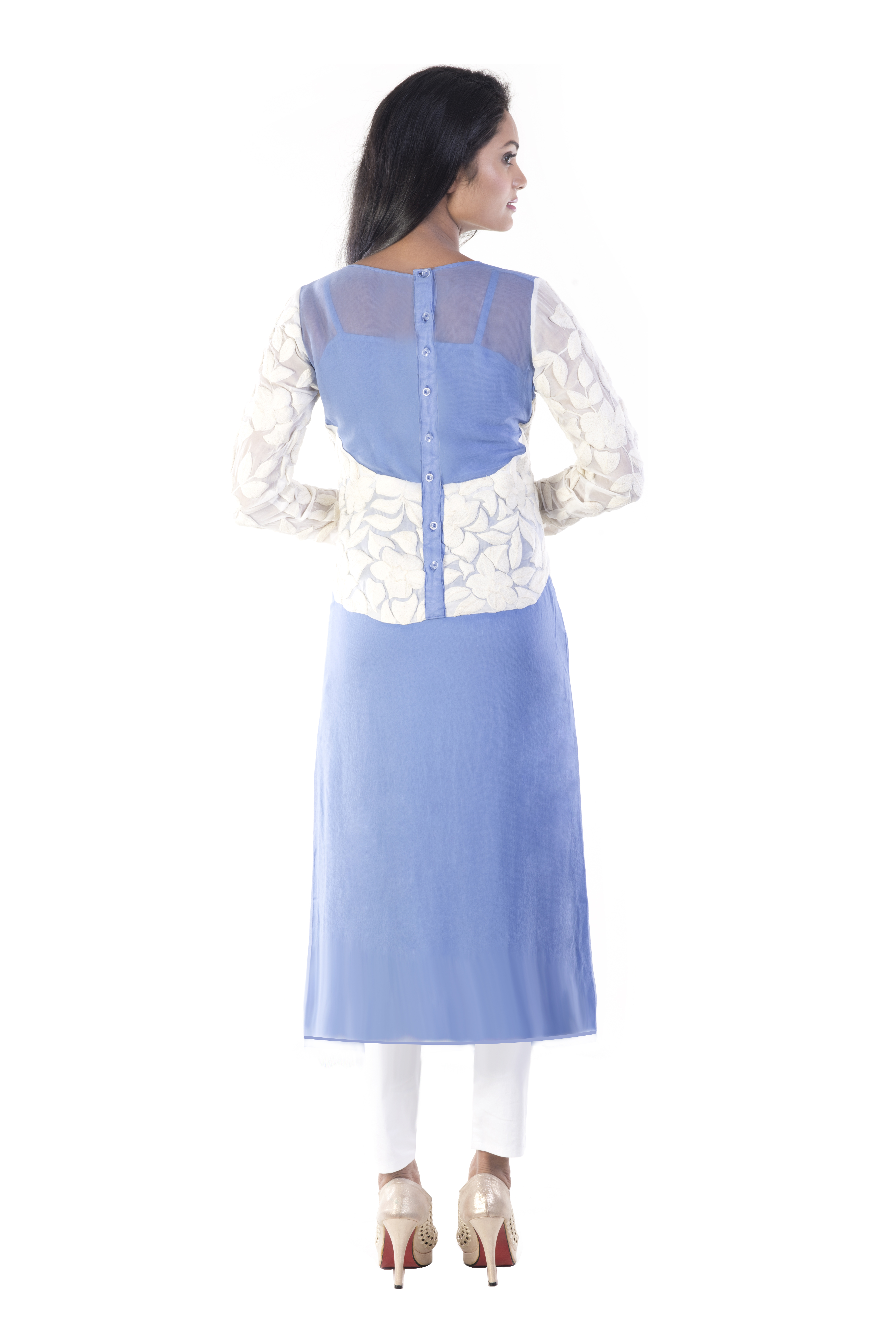 Illusion Back Long Kurti - Viscose Rayon, French Blue, White Floral Embroidery, Full Sleeves, Round Neckline