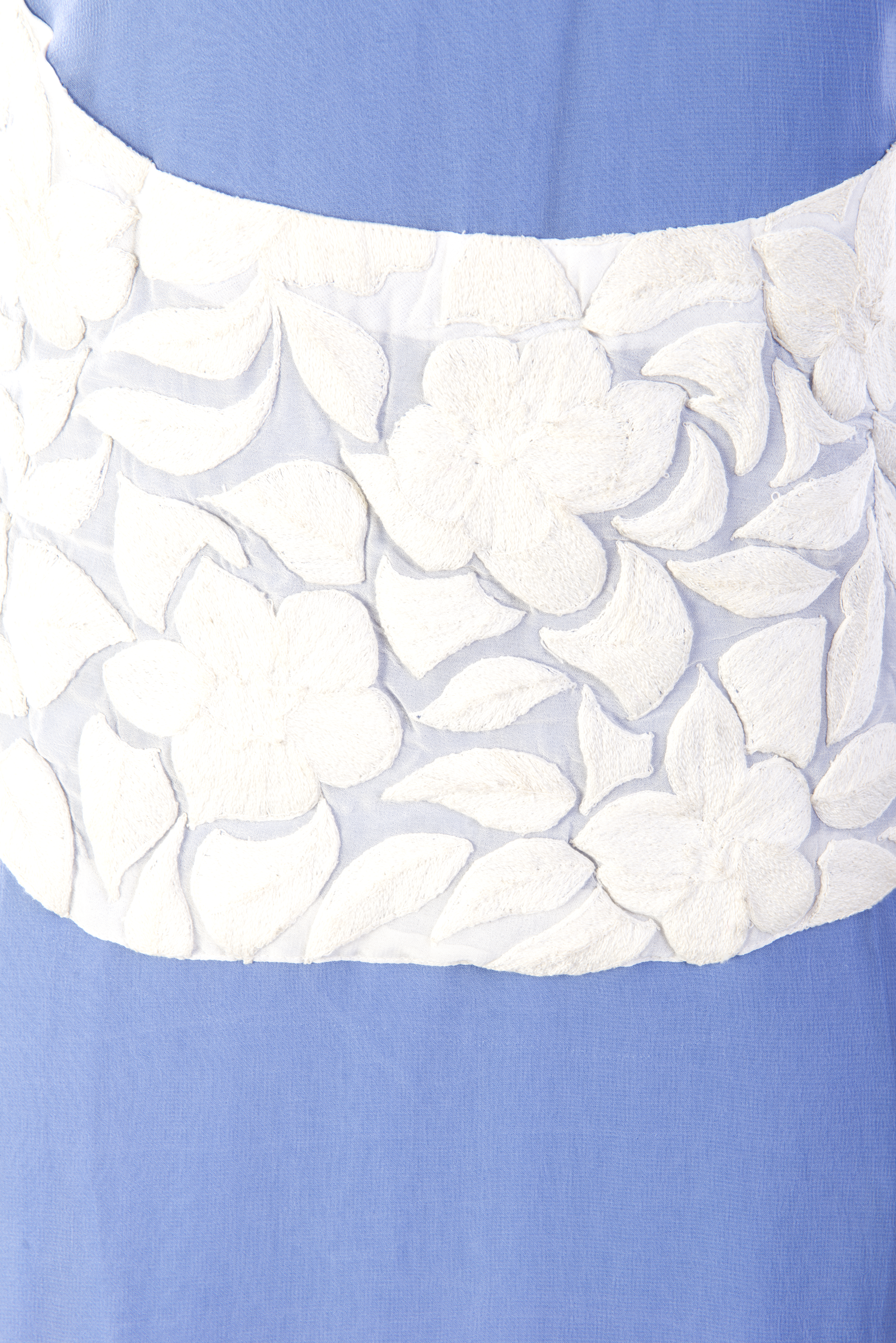 Illusion Back Long Kurti - Viscose Rayon, French Blue, White Floral Embroidery, Full Sleeves, Round Neckline