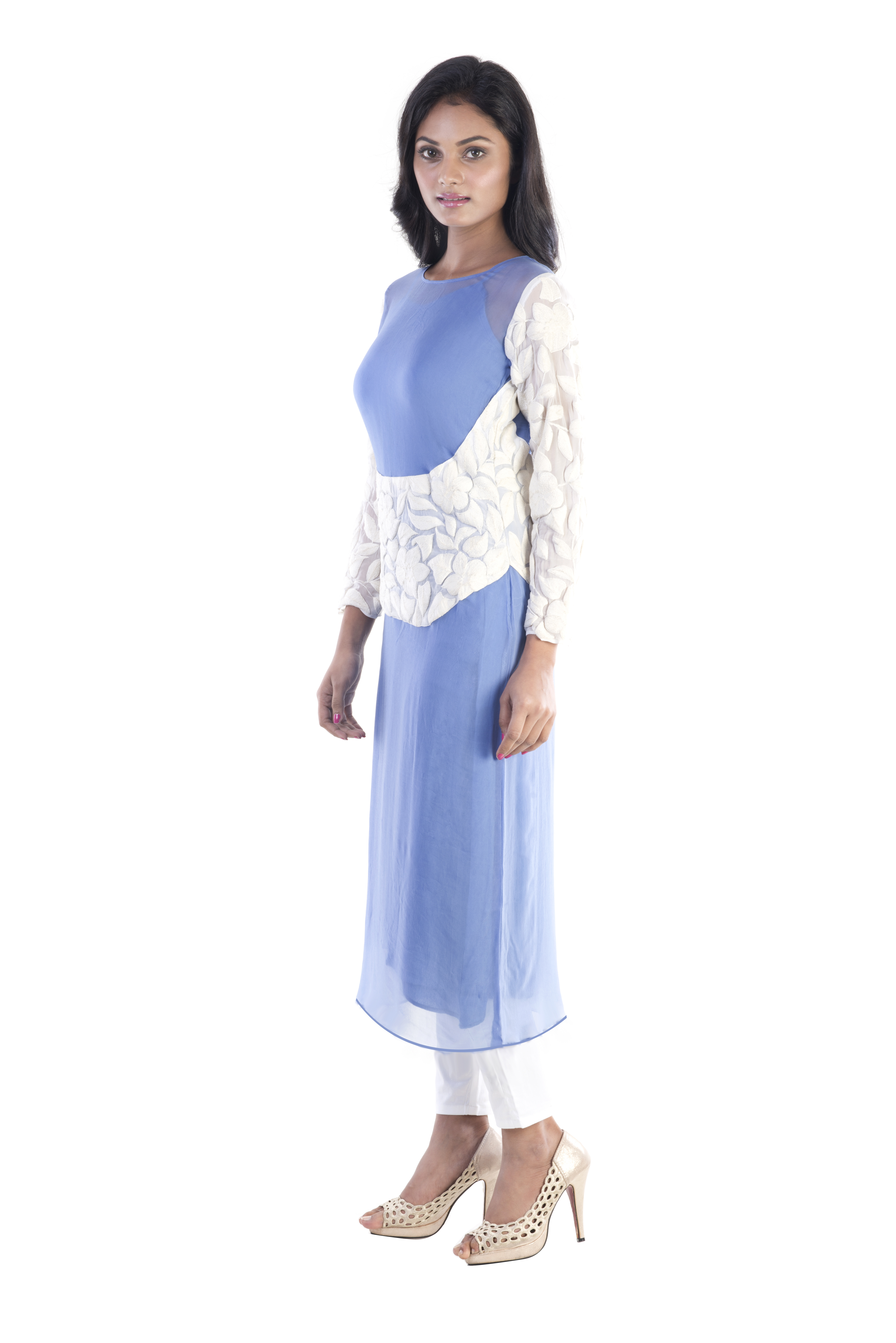 Illusion Back Long Kurti - Viscose Rayon, French Blue, White Floral Embroidery, Full Sleeves, Round Neckline