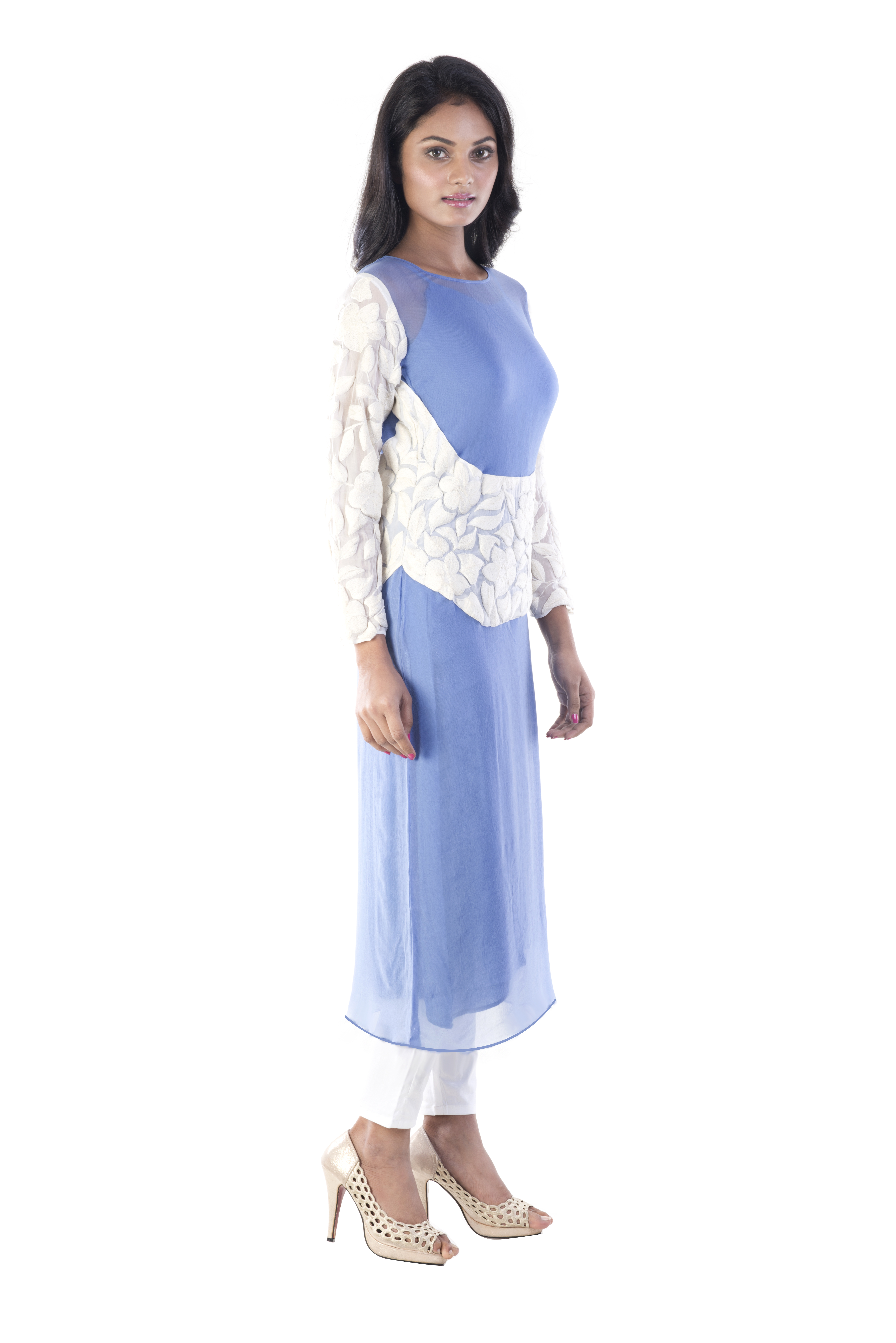 Illusion Back Long Kurti - Viscose Rayon, French Blue, White Floral Embroidery, Full Sleeves, Round Neckline