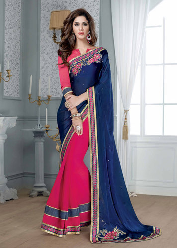 नीला और गुलाबी डिजाइनर साड़ी