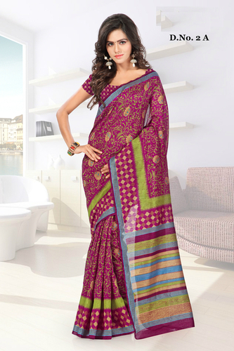 Printed Banglori Silk Saree with Matching Blouse - Multicolor, Customizable Size, Elegant Zari Work, Handcrafted