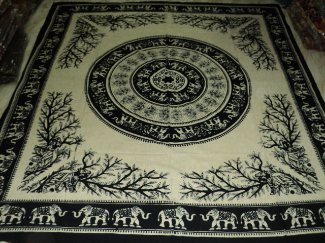 Black And White Elephant Round Printed Tapestry From India
