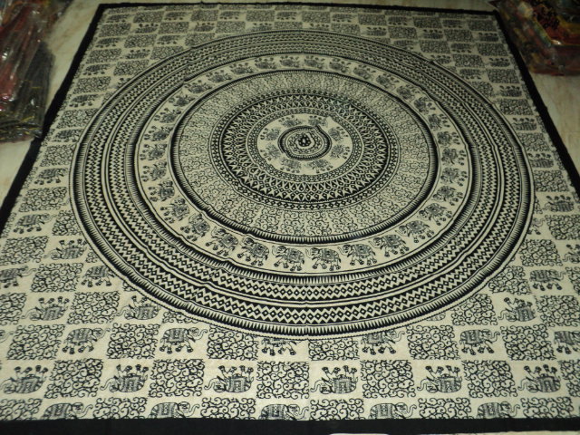 Black And White Elephant Round Printed Tapestry From India
