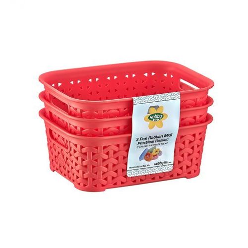 Rattan Basket Set of 3 - Plastic Material, 14x19x11.5h Inches | Colors: Brown, Cream, White, Blue, Chocolate