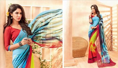 Stylish Yellow Georgette Printed Saree with Blouse Piece.