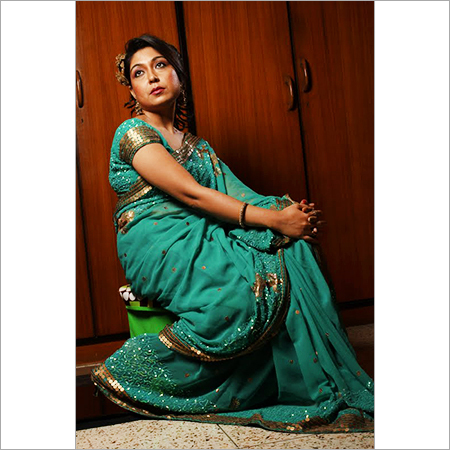 Pure Georgette Saree - 5.5 Meters, Green | Mirror Work, Kundan Work, Elegant Design, Perfect Finish