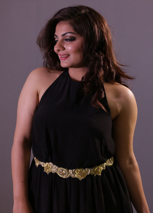 Evening Gown - Polyester, S-xl, Black | Halter Neck, Gold Belt, Elegant Design, Comfortable Fit, Maxi Length
