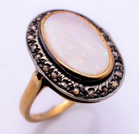 White Opal & Diamond Gemstone Victorian Ring - 925 Sterling Silver, 2 Micron Vermeil, Natural Oval Smooth Gemstone, Ideal for Engagement, Anniversary, Weddings