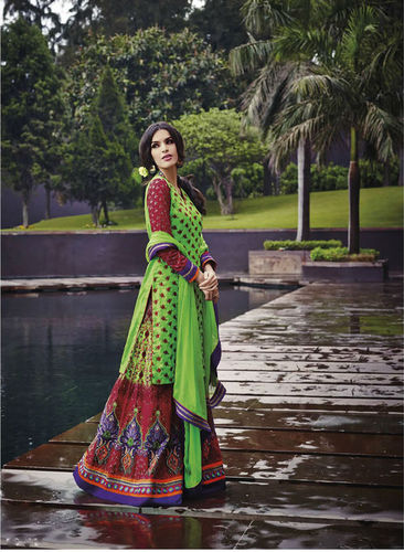 Green Cotton and Jacquard Thread Embroidery Work Palazzo Suit