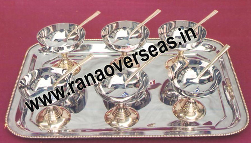 Ice Cream Cups - Polished Brass & Copper Combination | Professional Indian Style Metal Cup Set, Silver Finish