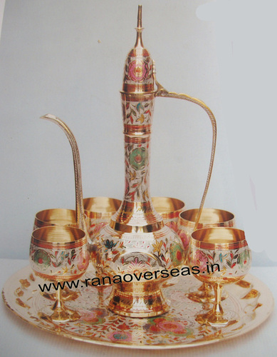 Brass Meenakari Lemon Set - Polished Golden Finish, Engraved Metal Glasses with Jug and Tray