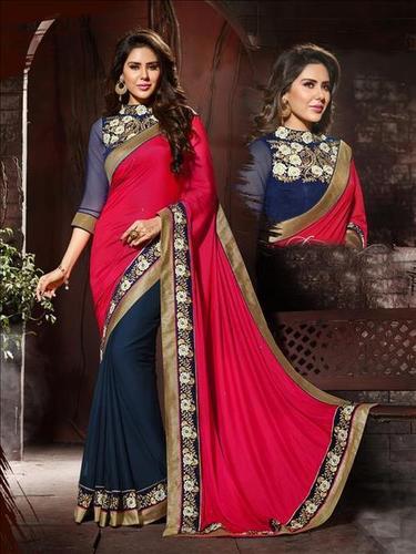 गुलाबी और नेवी ब्लू साटन चिफॉन डिजाइनर साड़ी